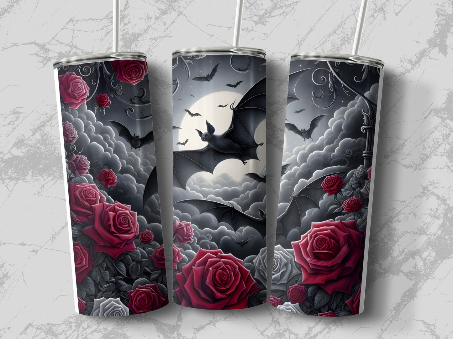 Tumbler with gothic bats and red roses design against cloudy moonlit sky.