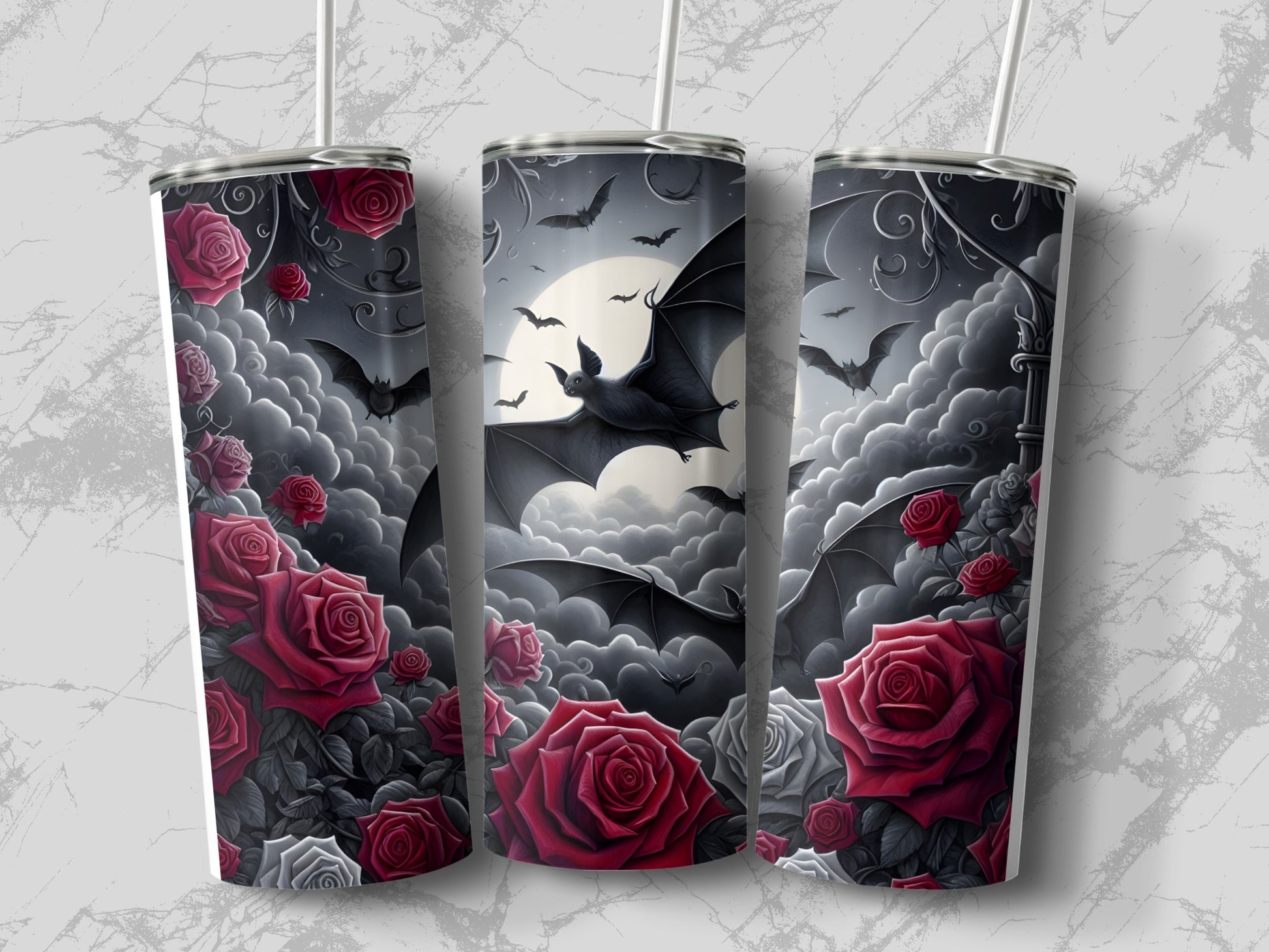 Tumbler with gothic bats and red roses design against cloudy moonlit sky.