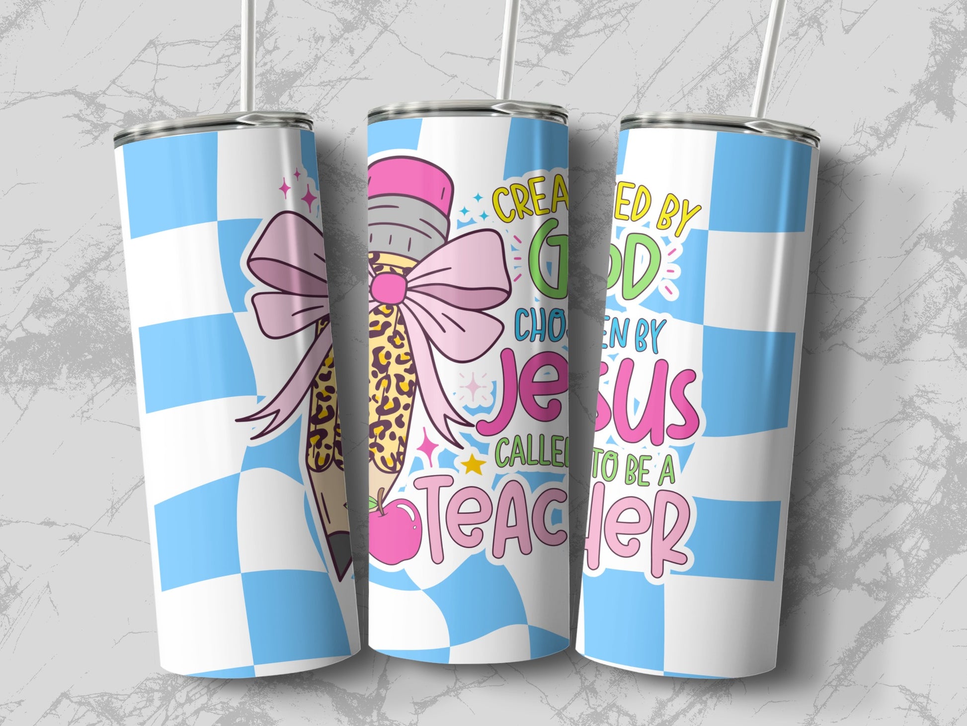 Three tumblers with pastel blue and white checkerboard pattern and teacher-themed graphics and text.