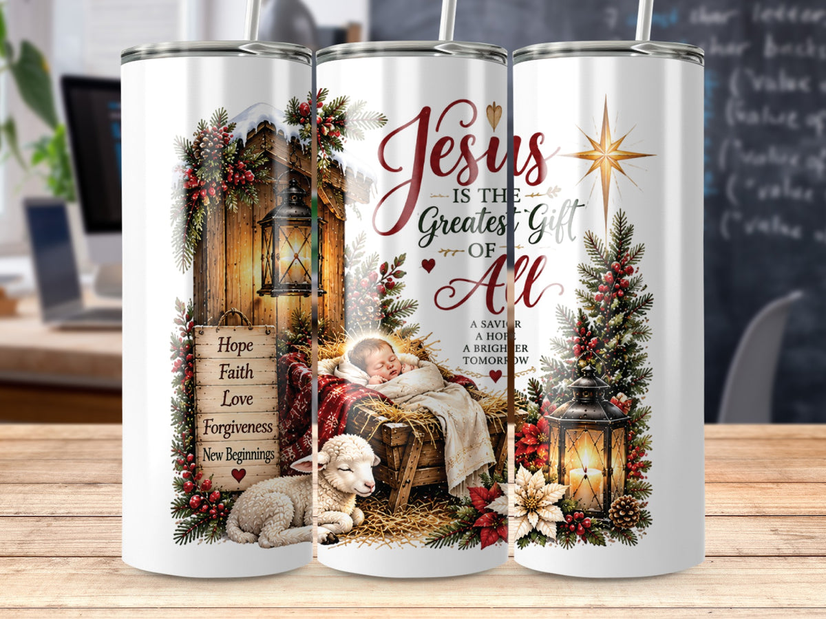 Three white tumblers display a Christmas nativity scene with a manger, a lamb, lanterns, and religious text.