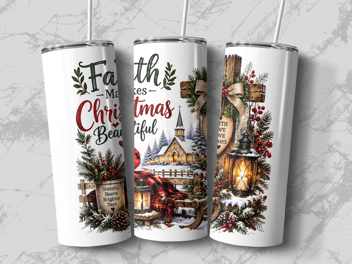 Three white metal tumblers display a Christmas design featuring a church, a cardinal, and winter greenery.