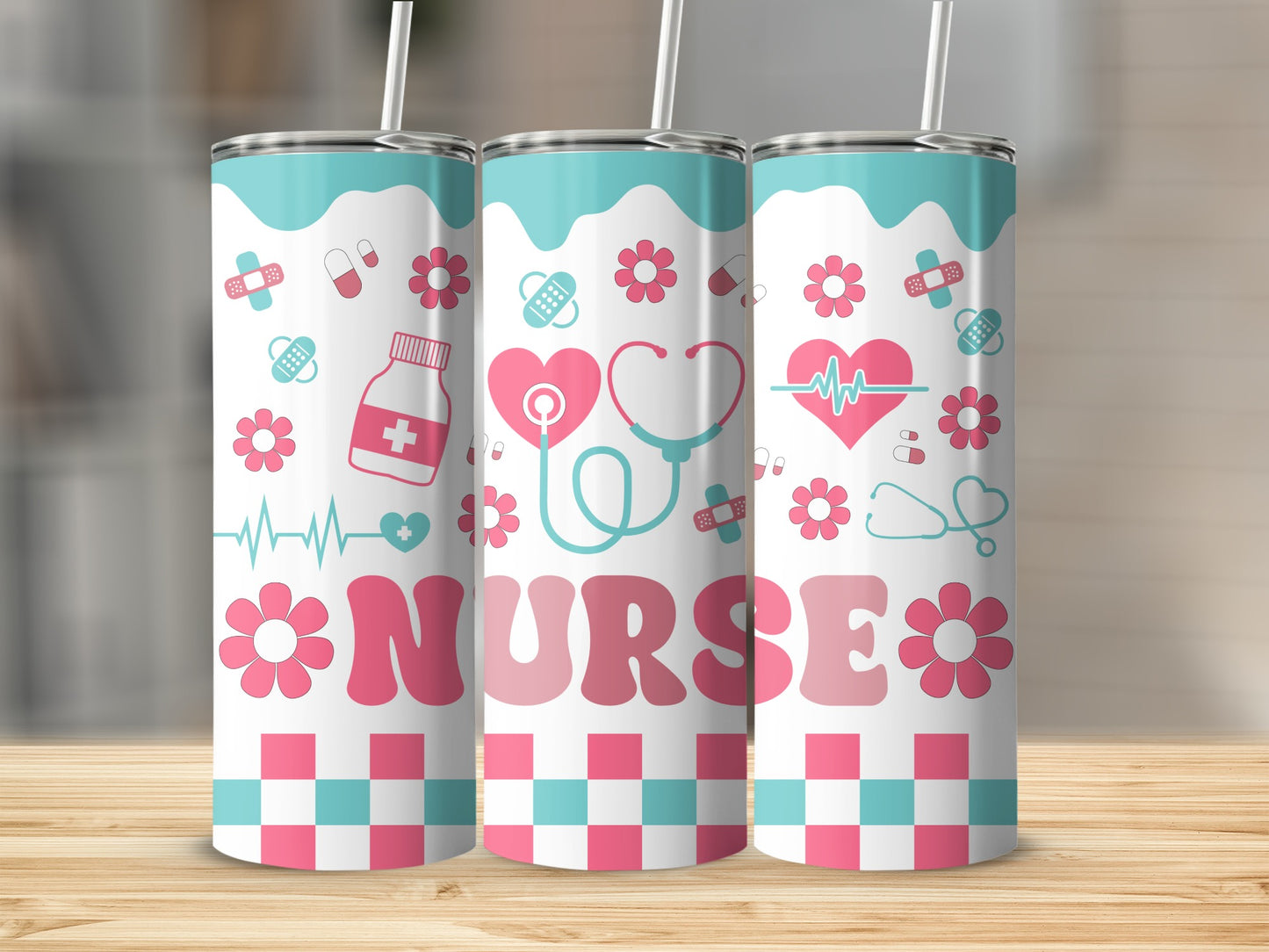 Nurse tumbler with medical icons and checkered pattern.