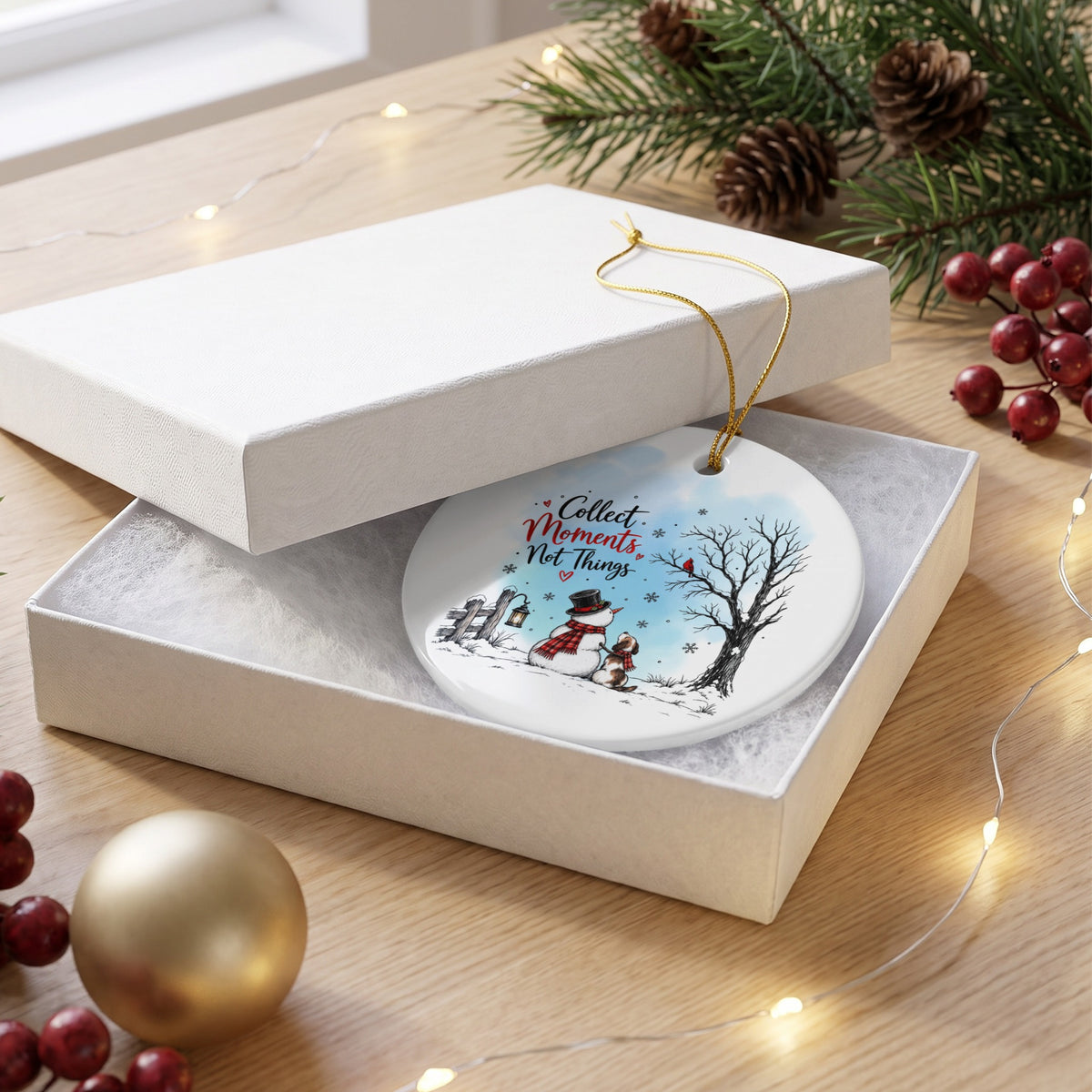 A round ceramic Christmas ornament featuring a snowman and dog graphic inside an open white gift box.