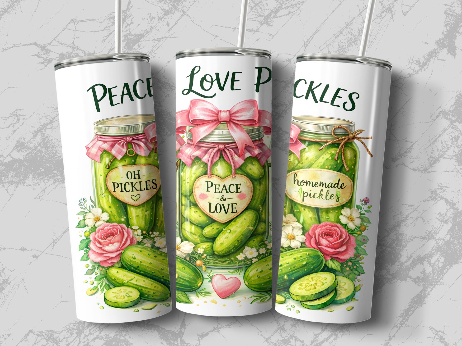Three tumblers decorated with jars of pickles, roses, and "Peace Love Pickles" text.
