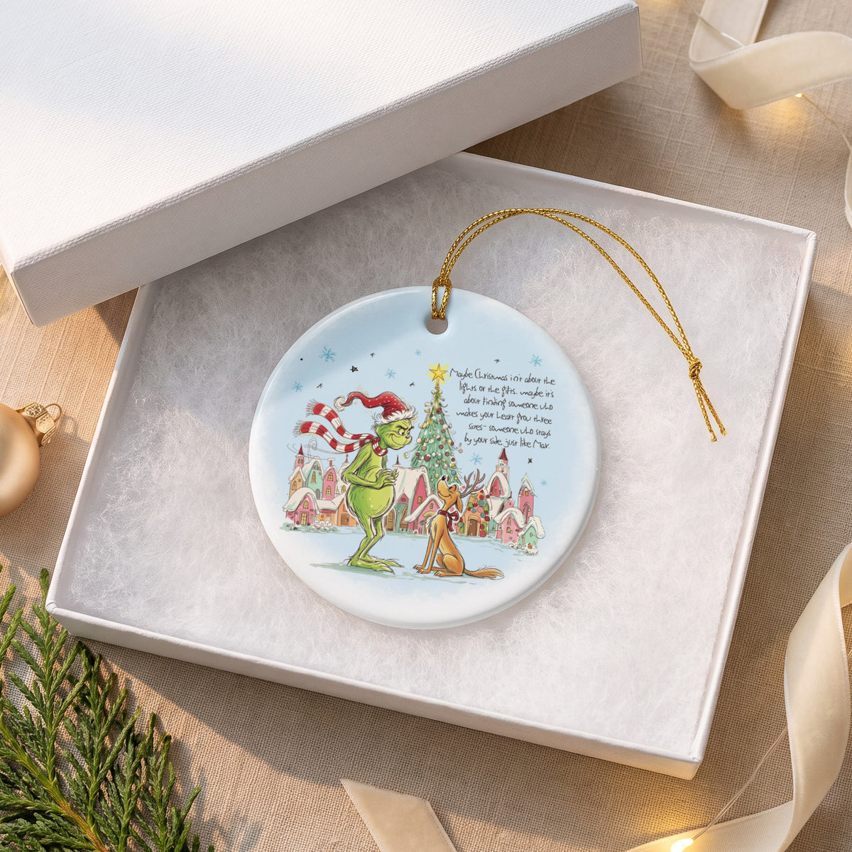 The Grinch and Max on a Christmas ornament with quote: "Maybe Christmas isn't about the lights..."