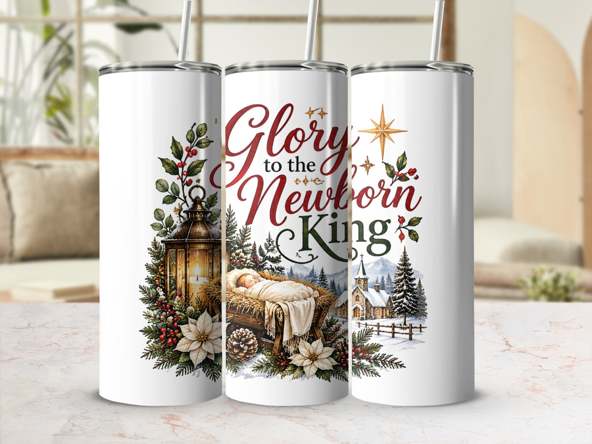 Three white tumblers feature a Christmas nativity design with the text Glory to the Newborn King.