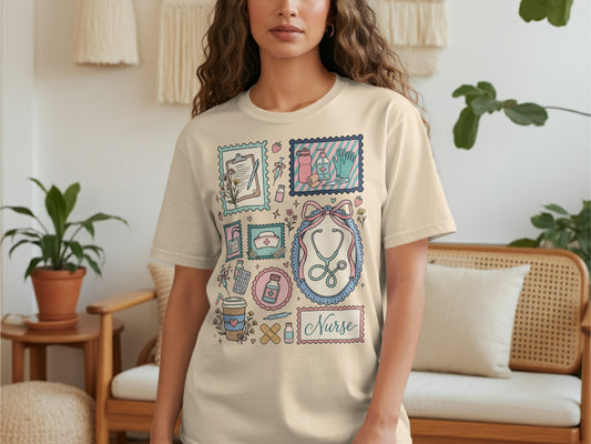 Cream t-shirt with nurse-themed collage of medical icons and the word "Nurse."