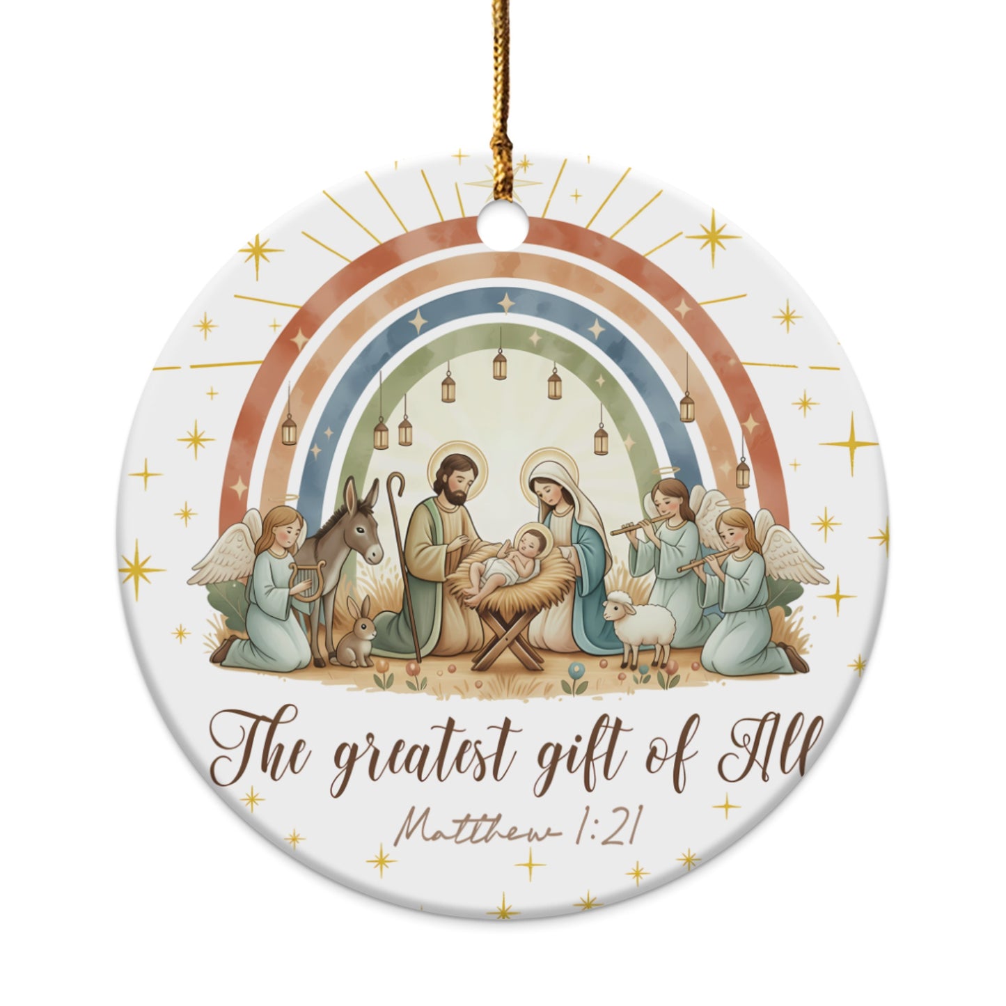 Nativity scene with angels, donkey, sheep, and text "The greatest gift of All".