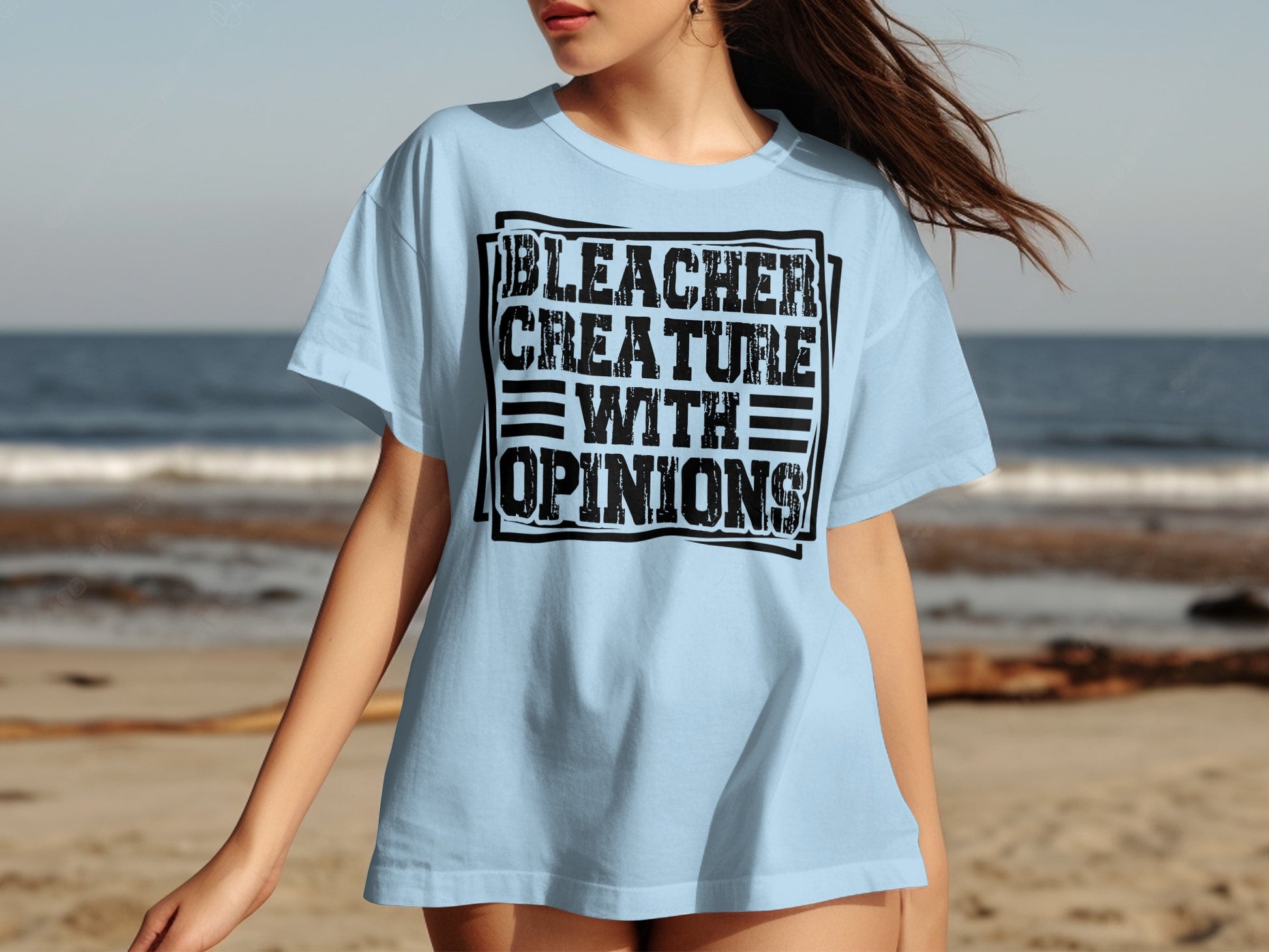 Light blue t-shirt with "Bleacher Creature With Opinions" text.