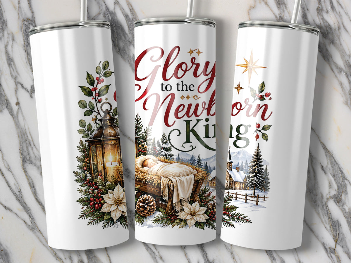 Three white tumblers display a Christmas nativity design featuring the words Glory to the Newborn King.