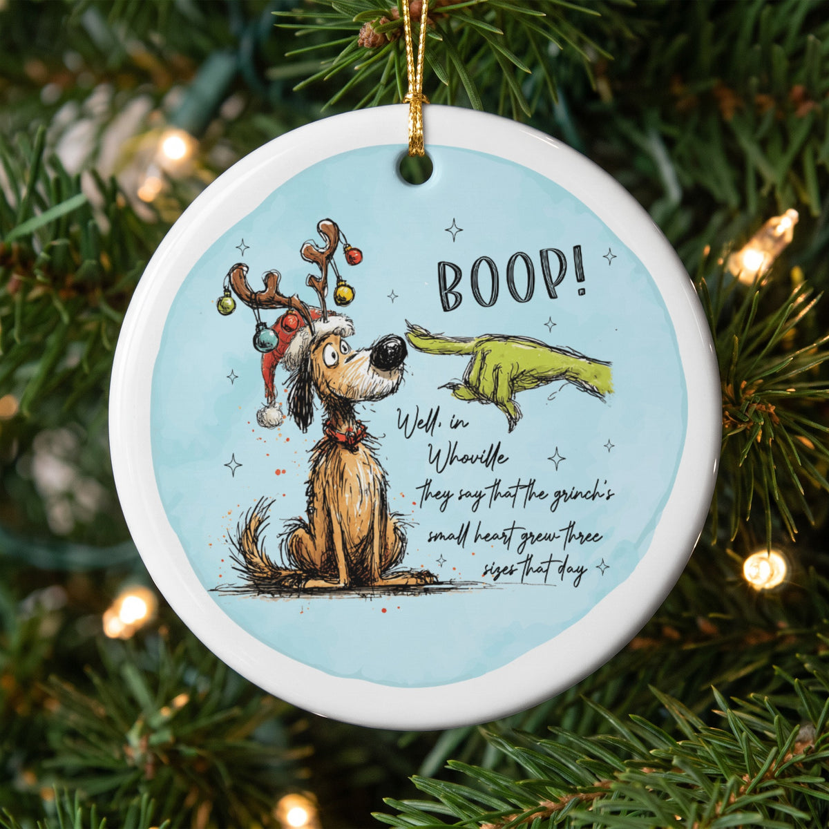 Grinch's hand booping dog nose with text "BOOP!" and Whoville quote.