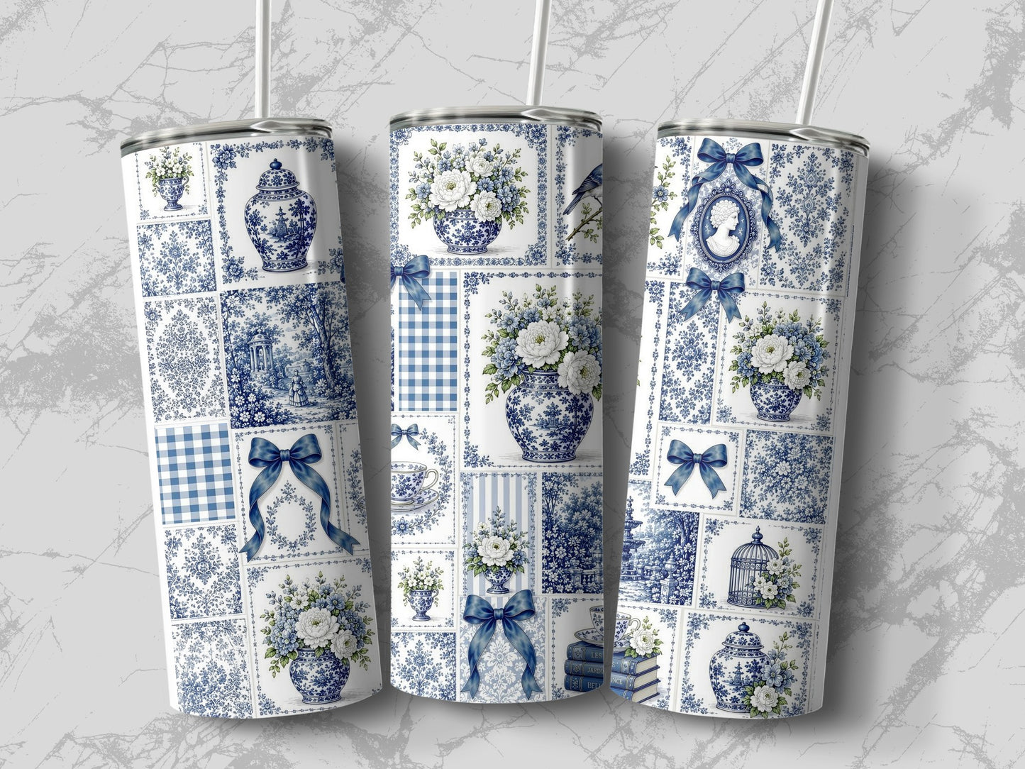 Three tumblers with blue and white floral, toile, and gingham patterns.