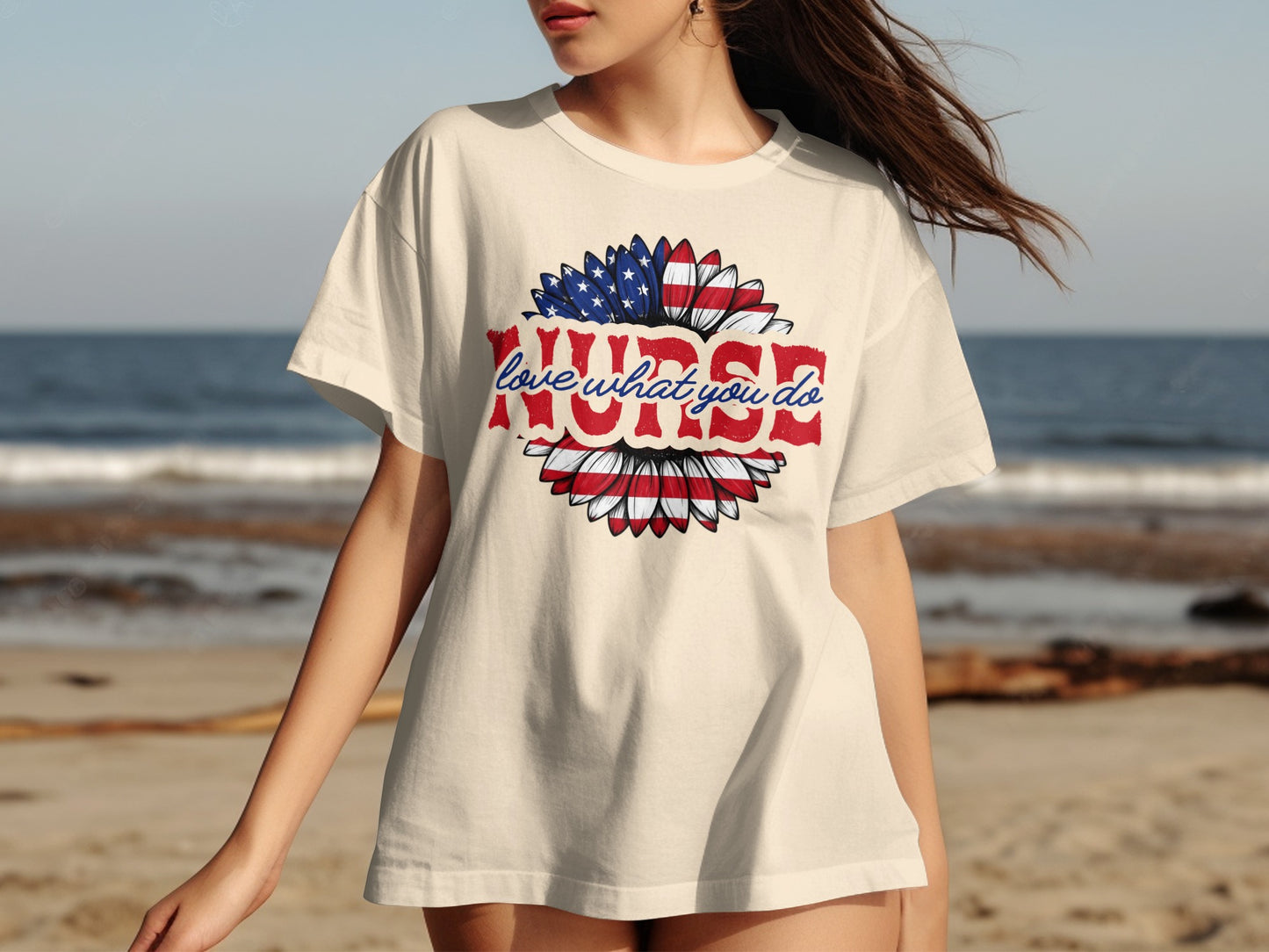 Cream t-shirt with sunflower design and "Love What You Do Nurse" text.