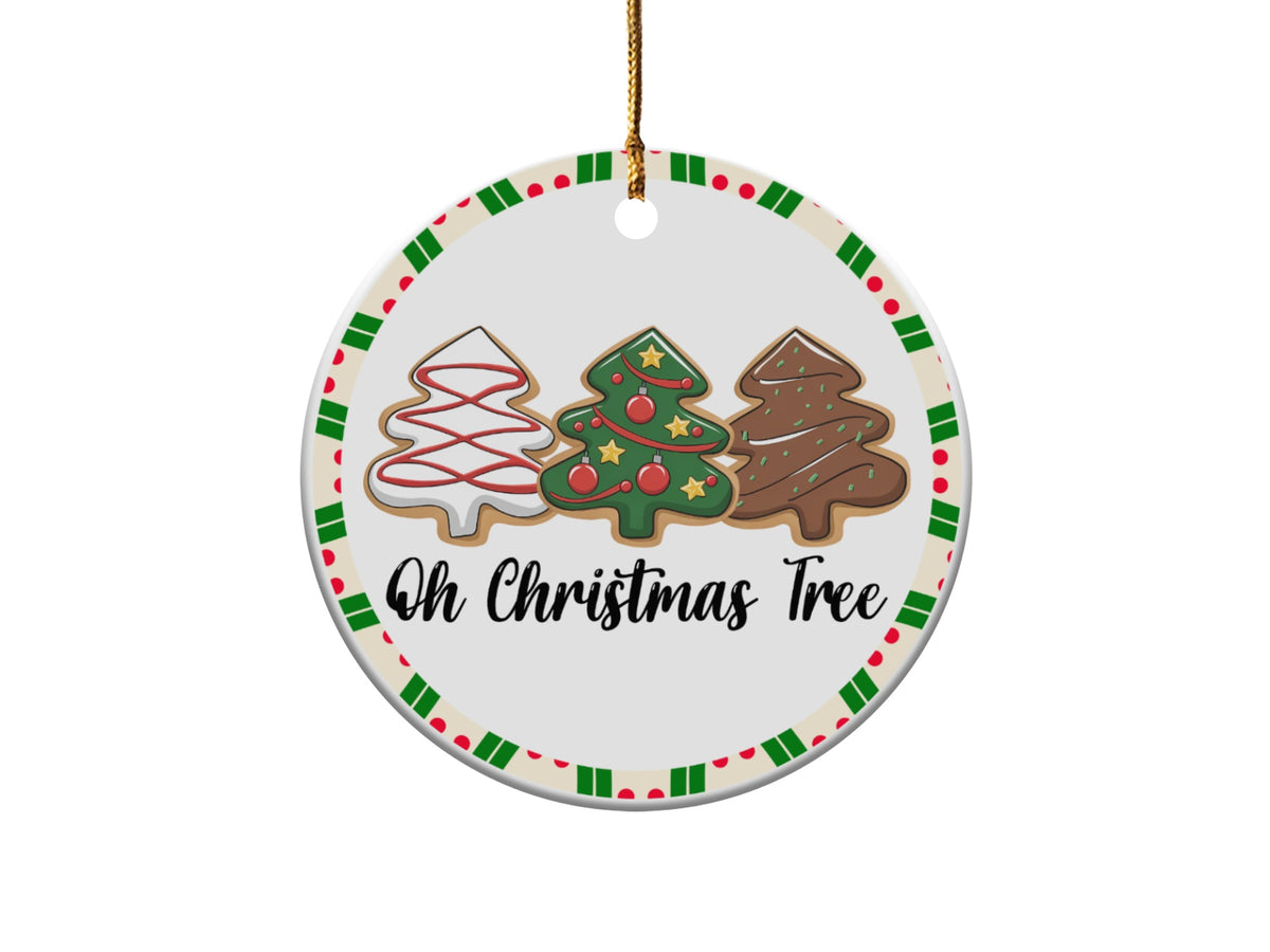 Circular ornament with three Christmas tree cookies and "Oh Christmas Tree" text.