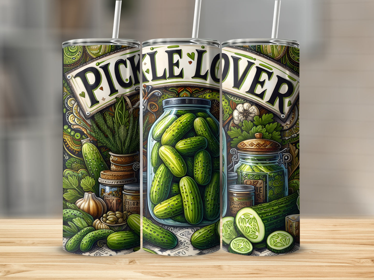 Green Pickle Lover tumbler with jars of pickles and dill sprigs.