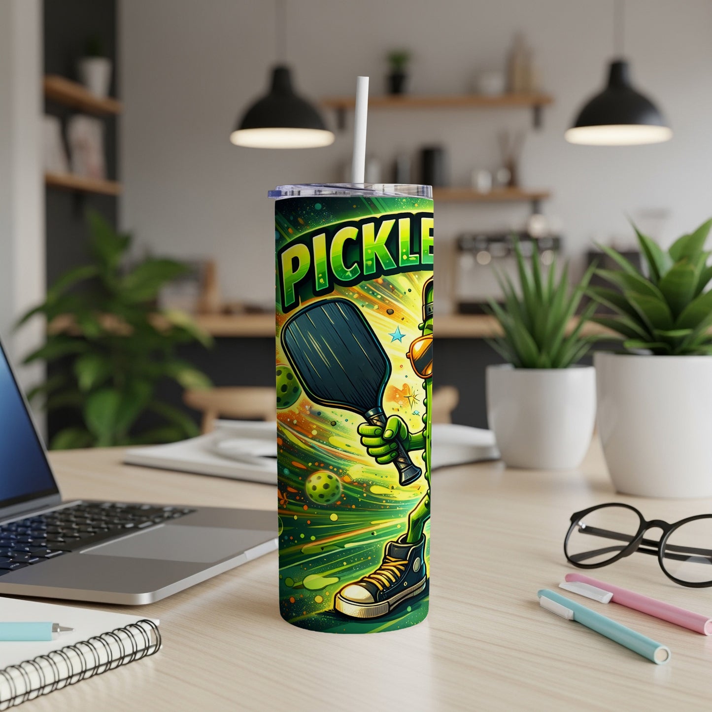 Green pickle character with paddle and ball on a green tumbler.