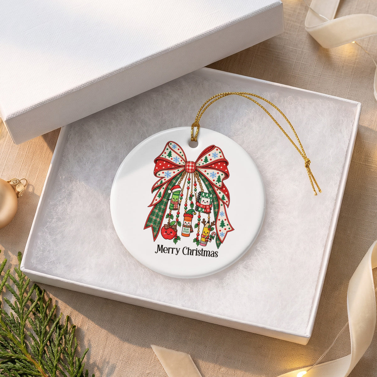 Round Merry Christmas ornament with a festive bow and school supplies, in an open gift box.