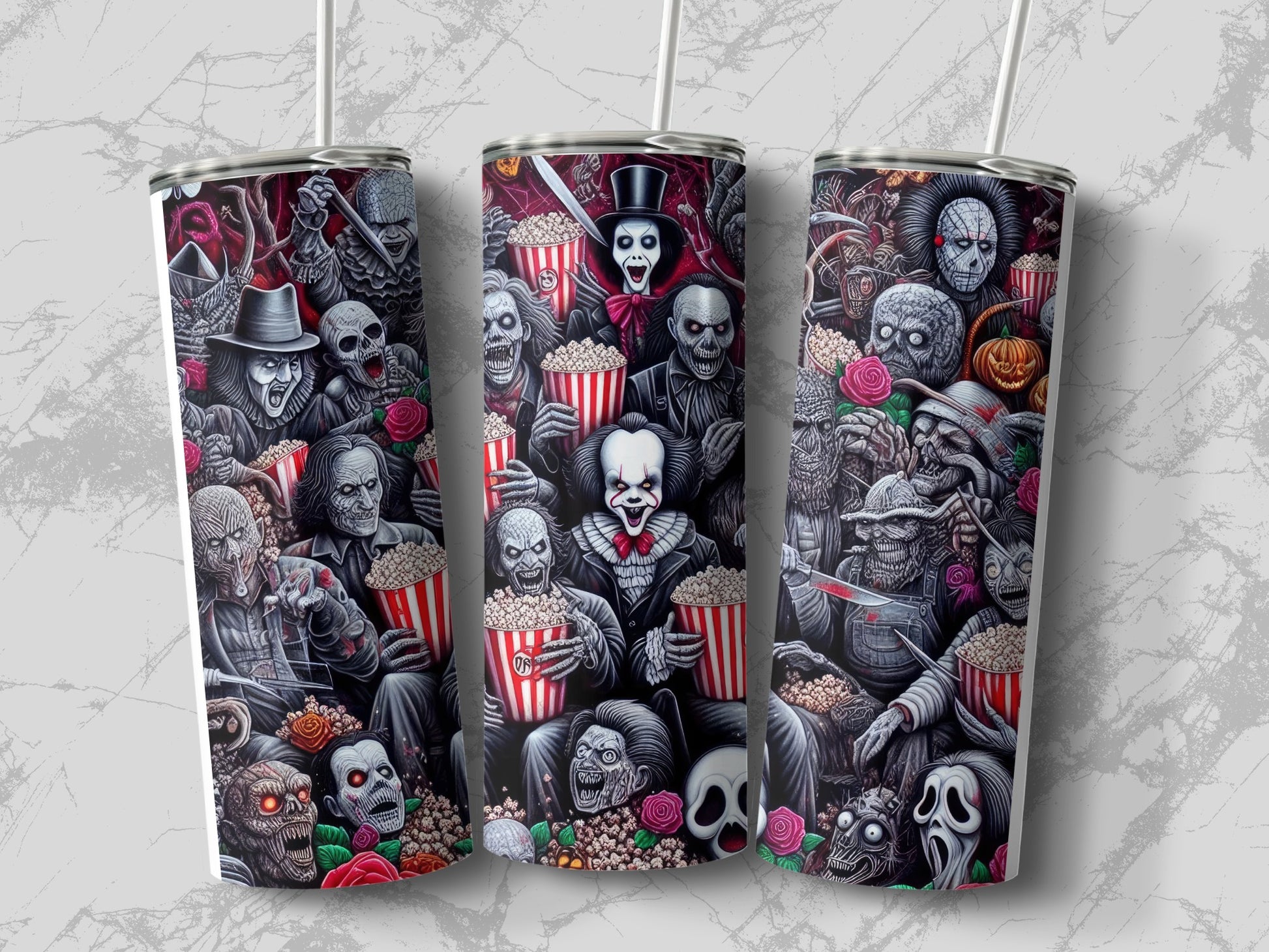 Tumbler with horror movie villains holding popcorn and red roses.