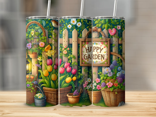 Three tumblers with a "Happy Garden" theme featuring flowers, baskets, and a fence.