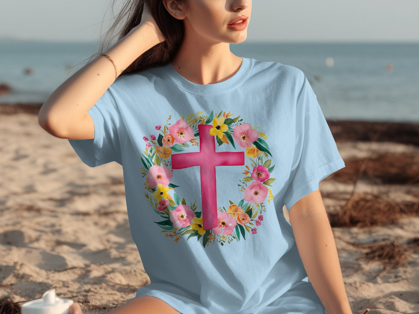 Floral Cross Design Graphic Tee for Beachwear