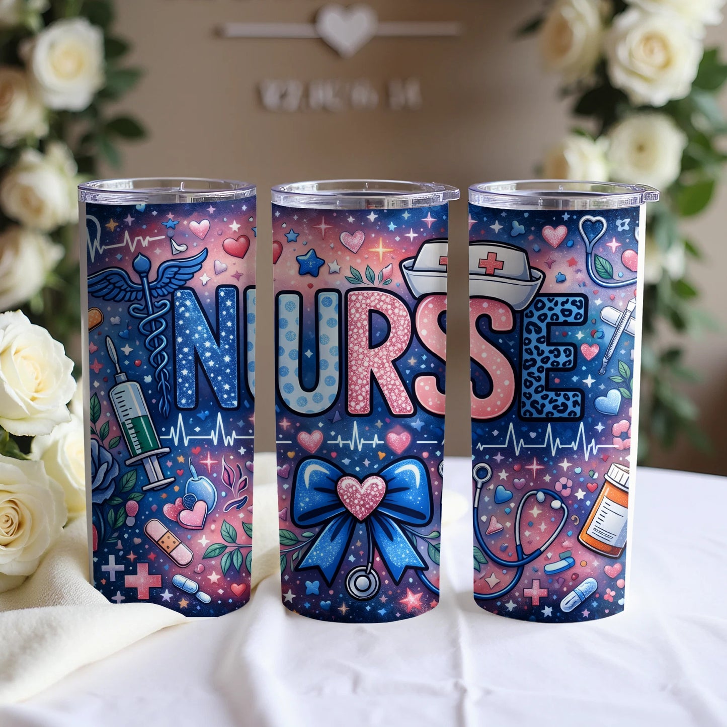 Tumbler with "NURSE" in colorful letters surrounded by medical icons.