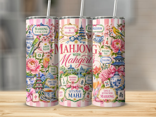 Three tumblers with pink stripes feature Mahjong-themed art, flowers, pagodas, and Chinese characters.