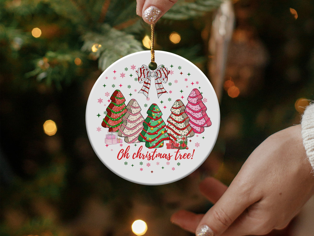 Ceramic ornament with whimsical Christmas trees and "Oh christmas tree!" text.