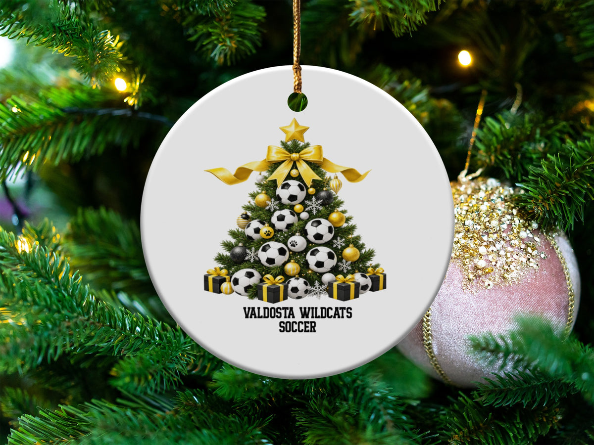 Round ornament with soccer-themed Christmas tree and Valdosta Wildcats Soccer text.
