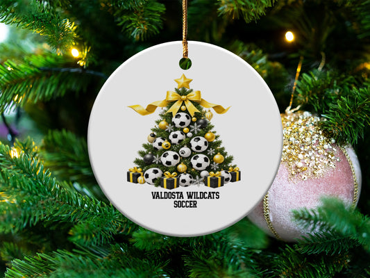 Round ornament with soccer-themed Christmas tree and Valdosta Wildcats Soccer text.