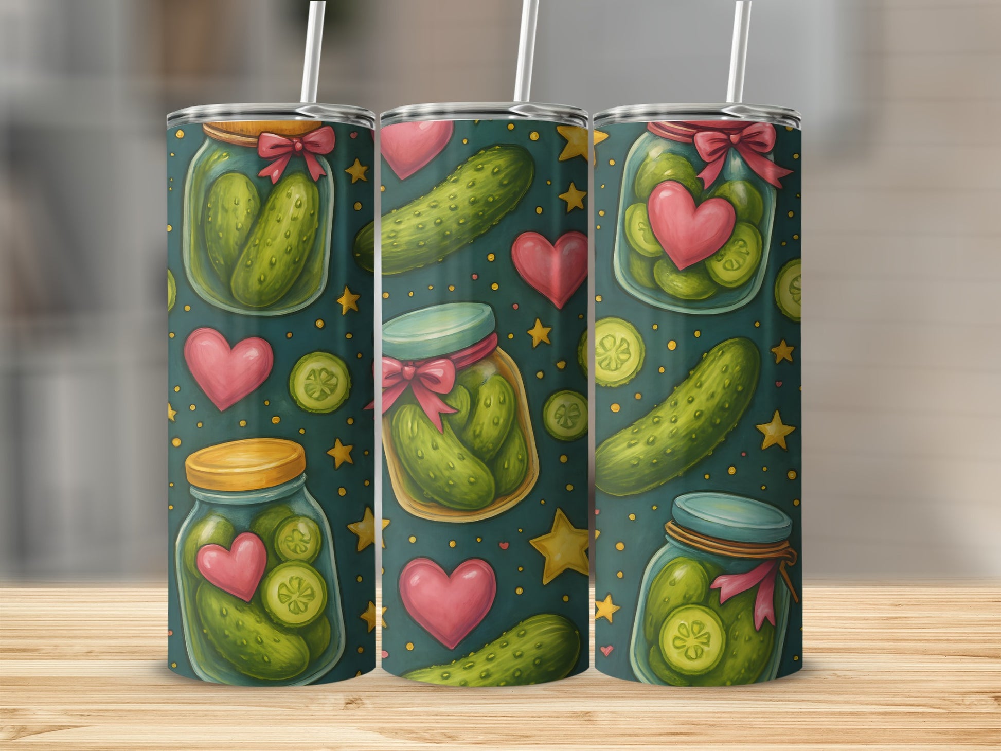 Triptych of tumblers featuring pickles in jars and whole pickles with pink hearts and yellow stars.