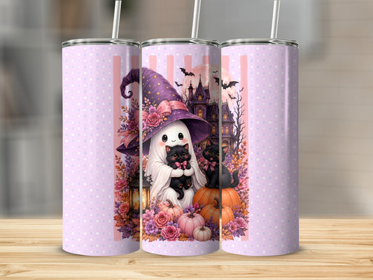 Halloween ghost with witch hat holding kittens surrounded by pumpkins and flowers.
