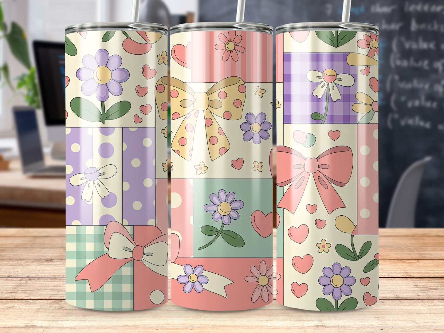 Three tumblers with pastel patchwork patterns, bows, and flowers.