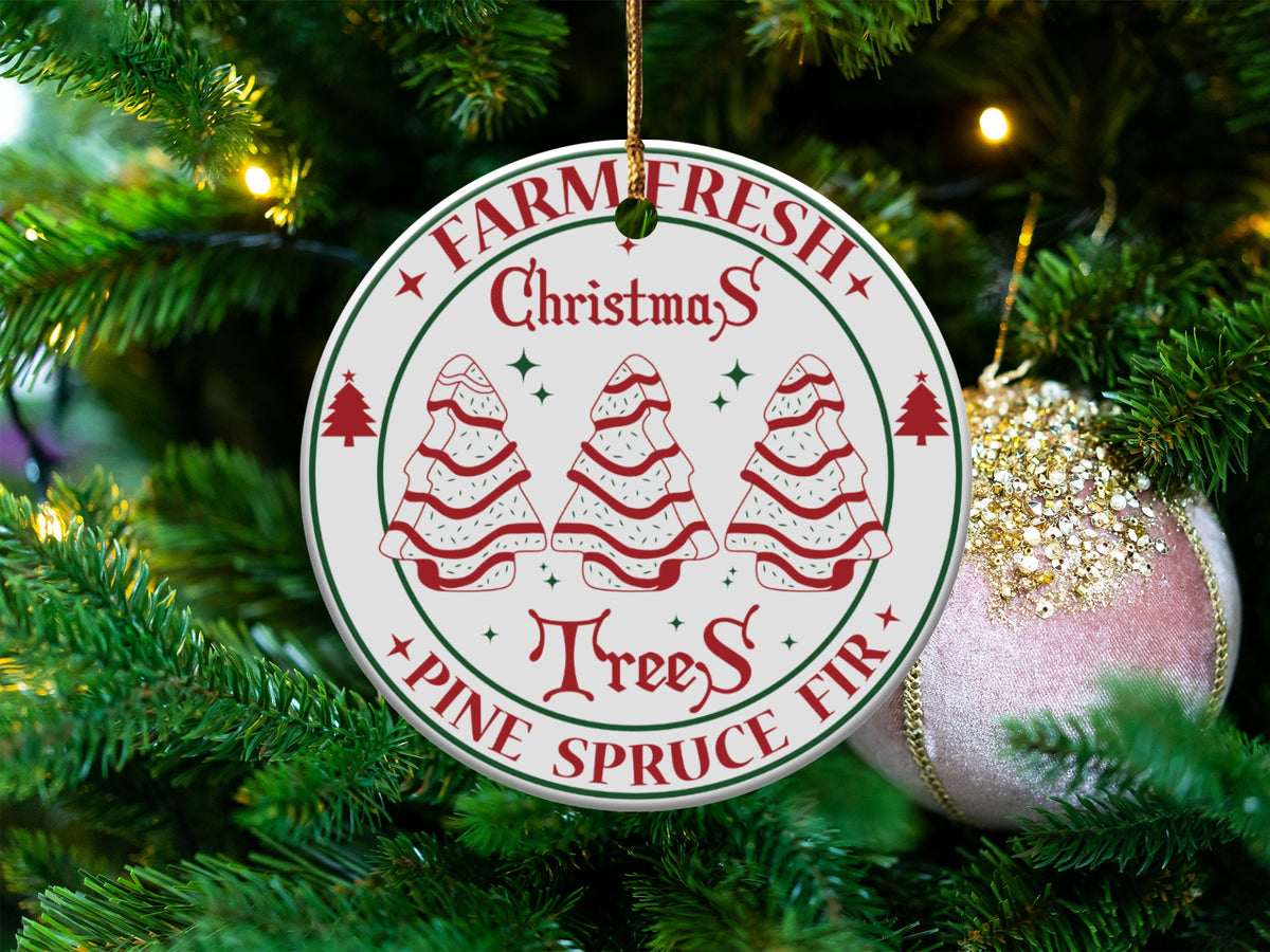 Round ornament with "Farm Fresh Christmas Trees Pine Spruce Fir" text and tree graphics.