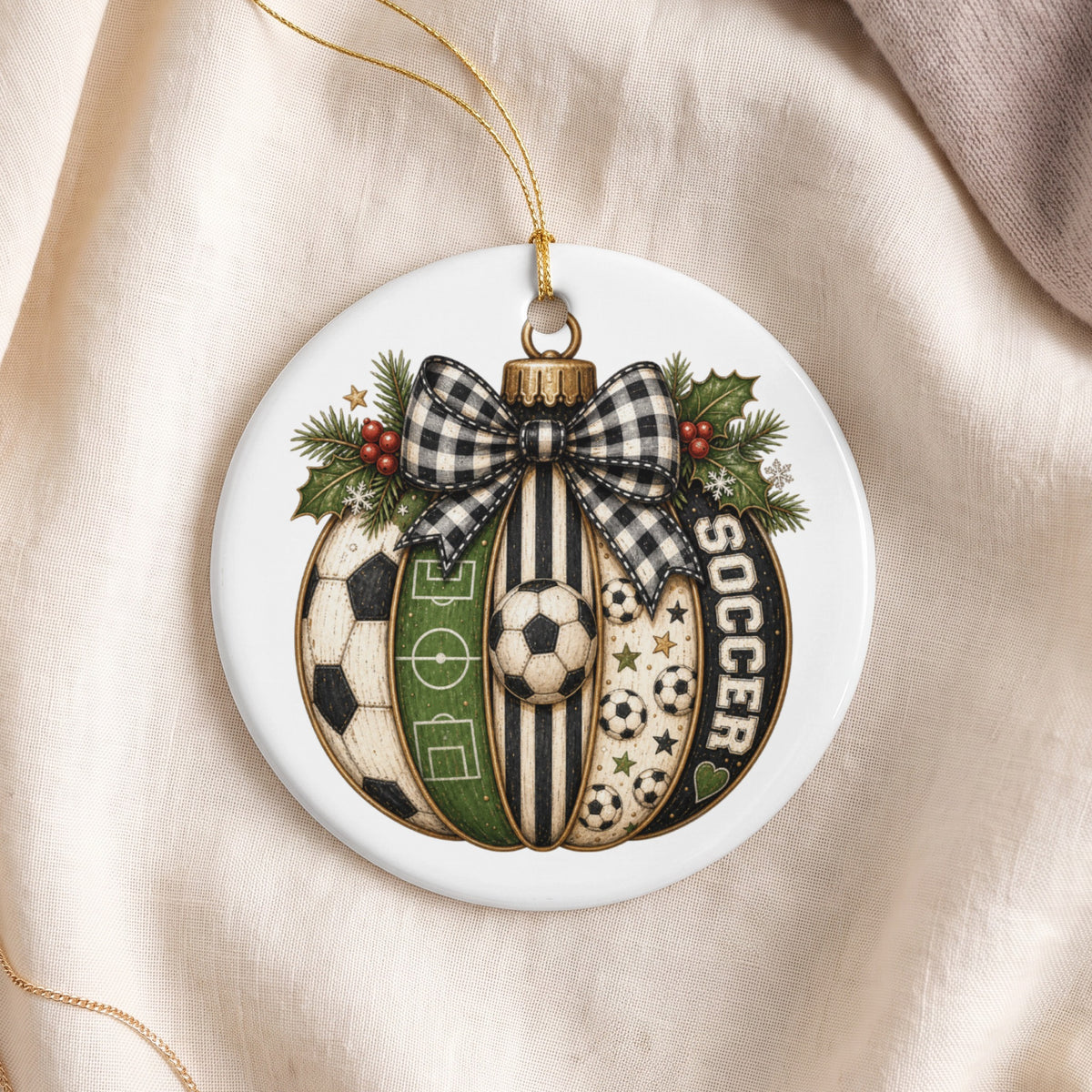 Round ornament with soccer theme, holly, snowflakes, and text "Soccer".