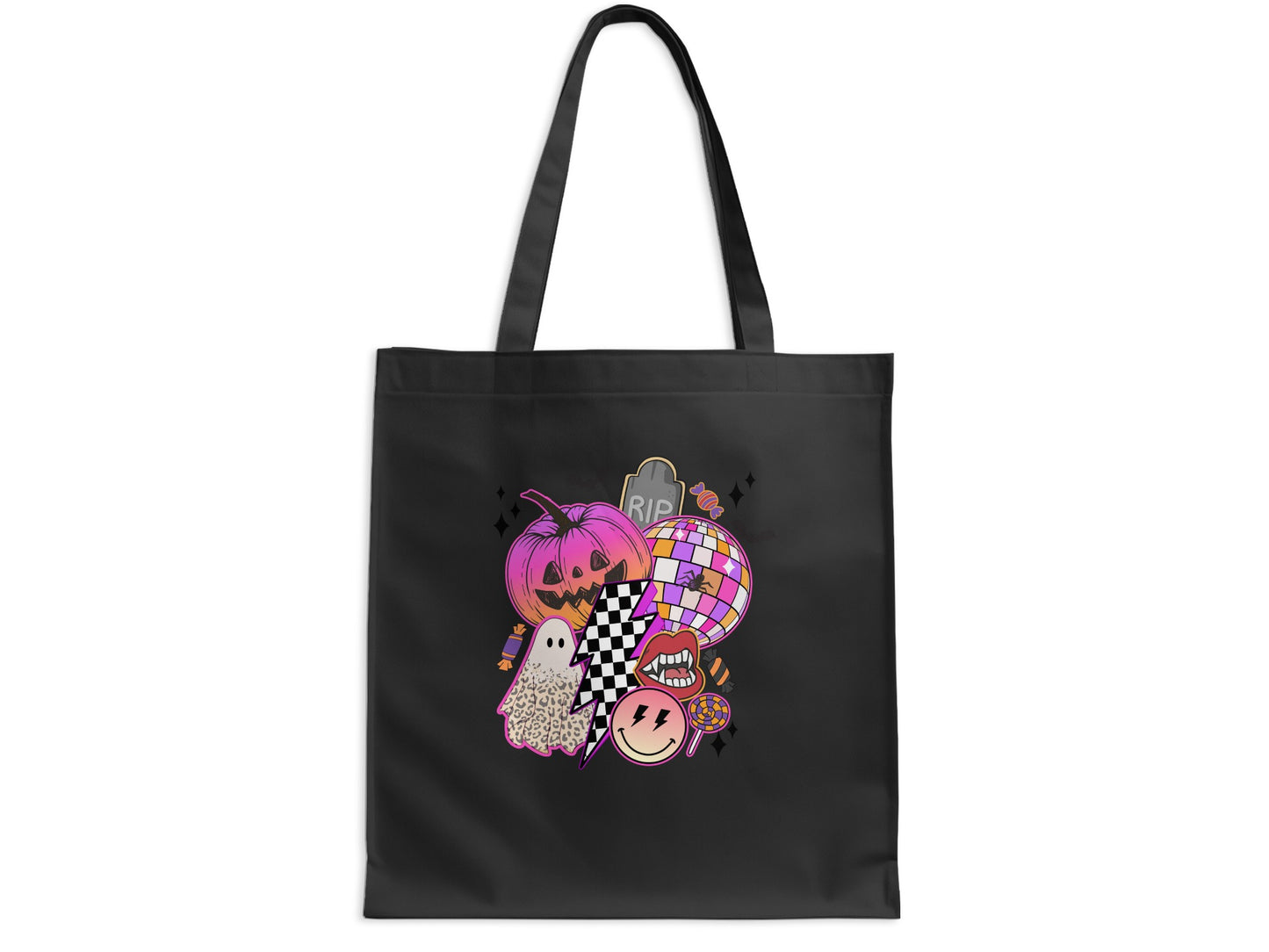 Black tote bag with vibrant Halloween-themed patch on front.