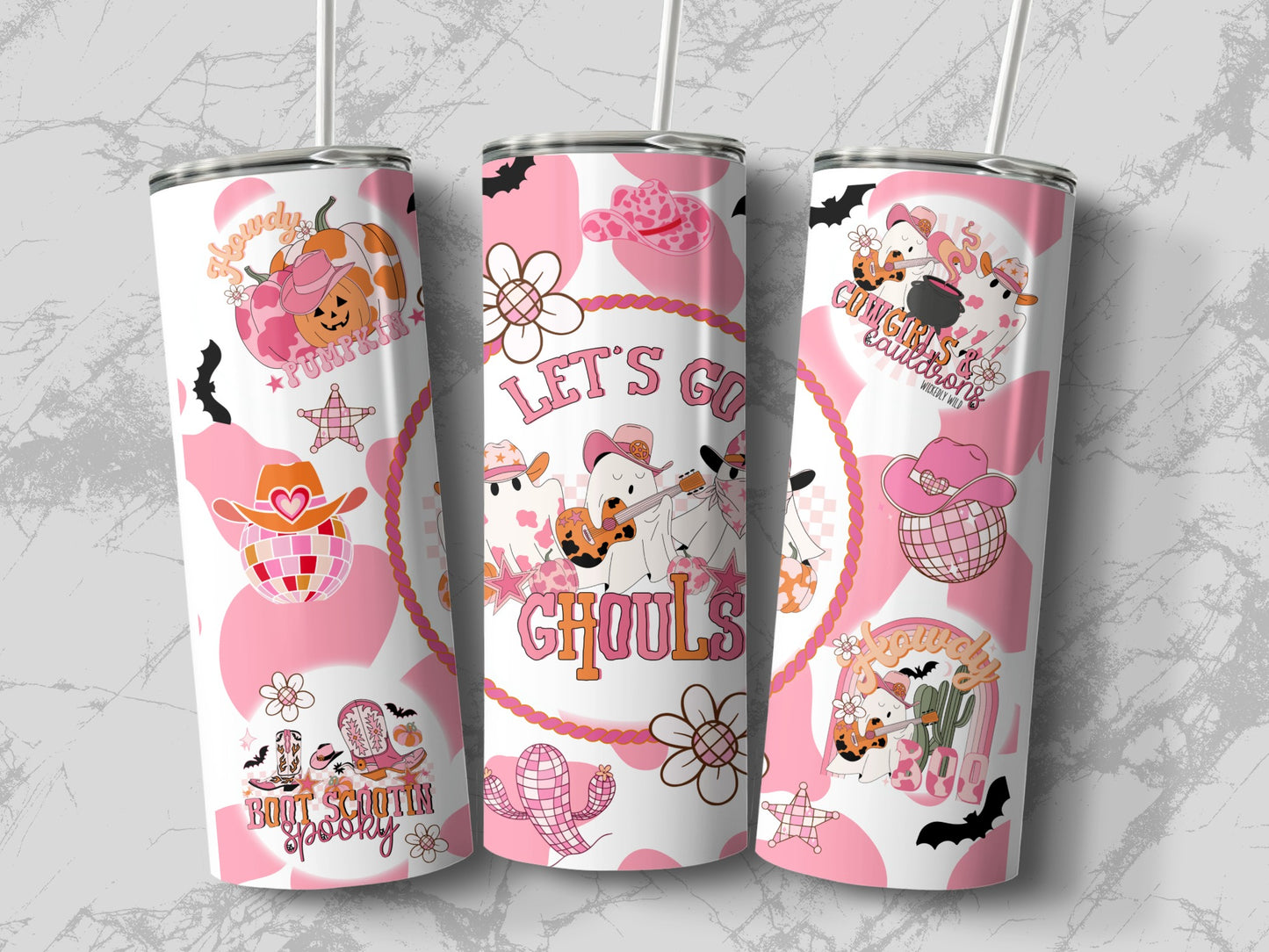 Three tumblers with pink and white cow print, Halloween ghosts, pumpkins, and cowboy hats.