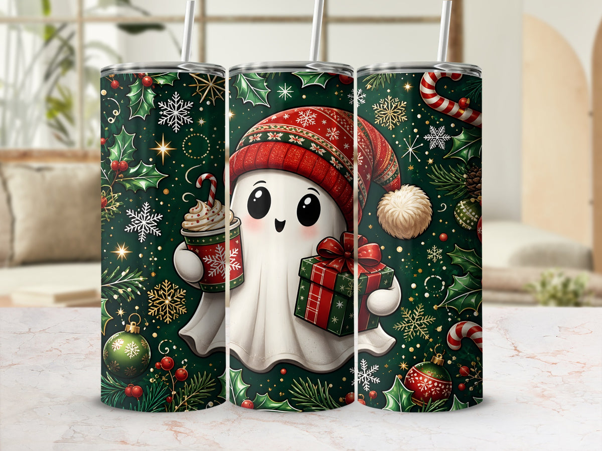 Three stainless steel tumblers display a holiday design featuring a cute ghost in a red Santa hat holding a drink and a wrapped gift against a dark green winter background.