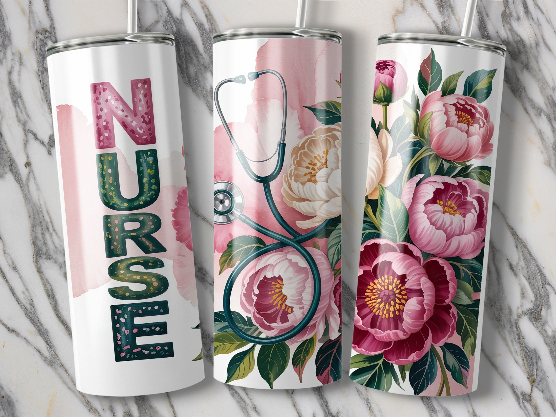 Three tumblers with floral designs and "Nurse" text.