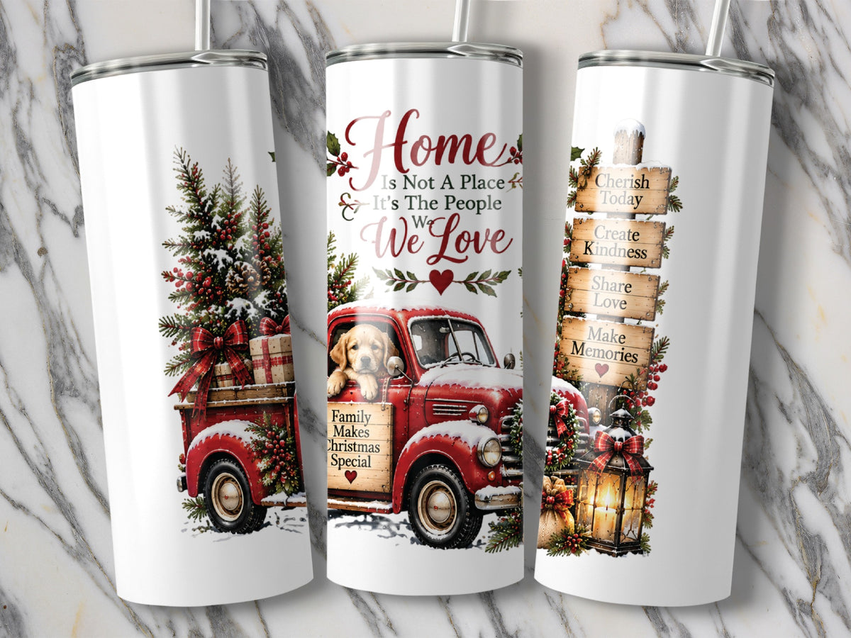 Three white travel tumblers showcase a Christmas design featuring a red truck, a puppy, and festive text.