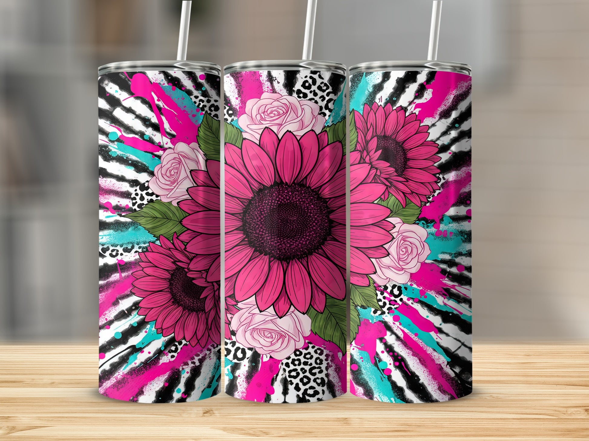 Tall tumbler with pink sunflowers, roses, leopard print, and paint splatters.