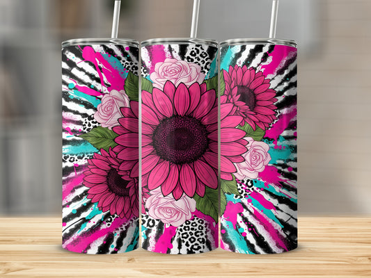 Tall tumbler with pink sunflowers, roses, leopard print, and paint splatters.