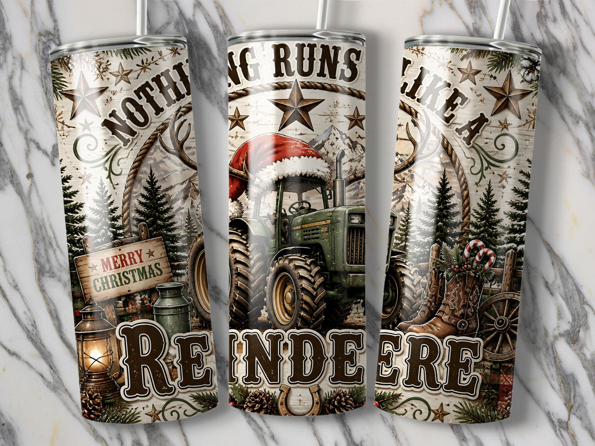 Three tall tumblers display a rustic Christmas design featuring a green tractor, stars, pine trees, and text.