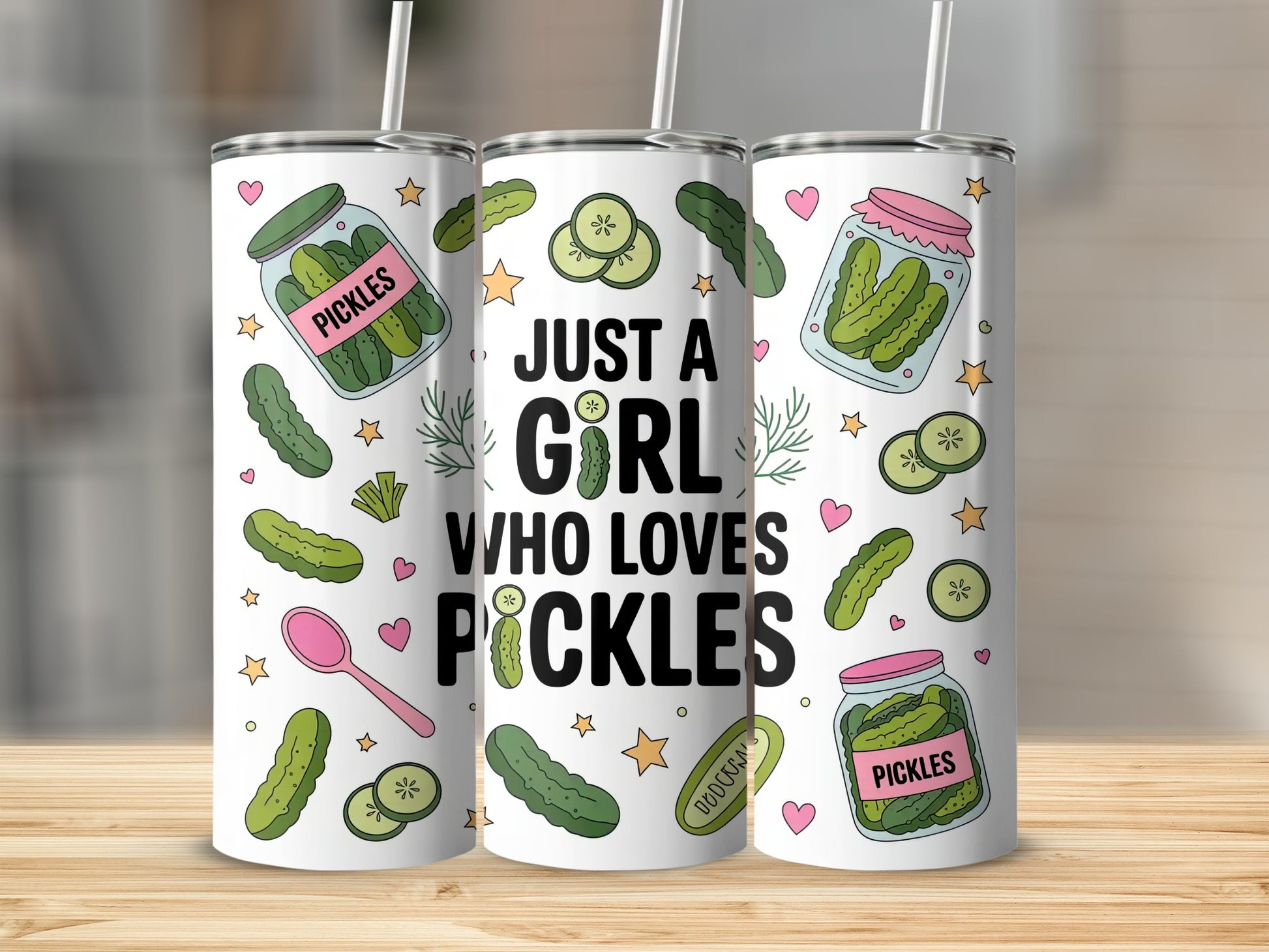 Tumbler with "Just a girl who loves pickles" and pickle jar illustrations.