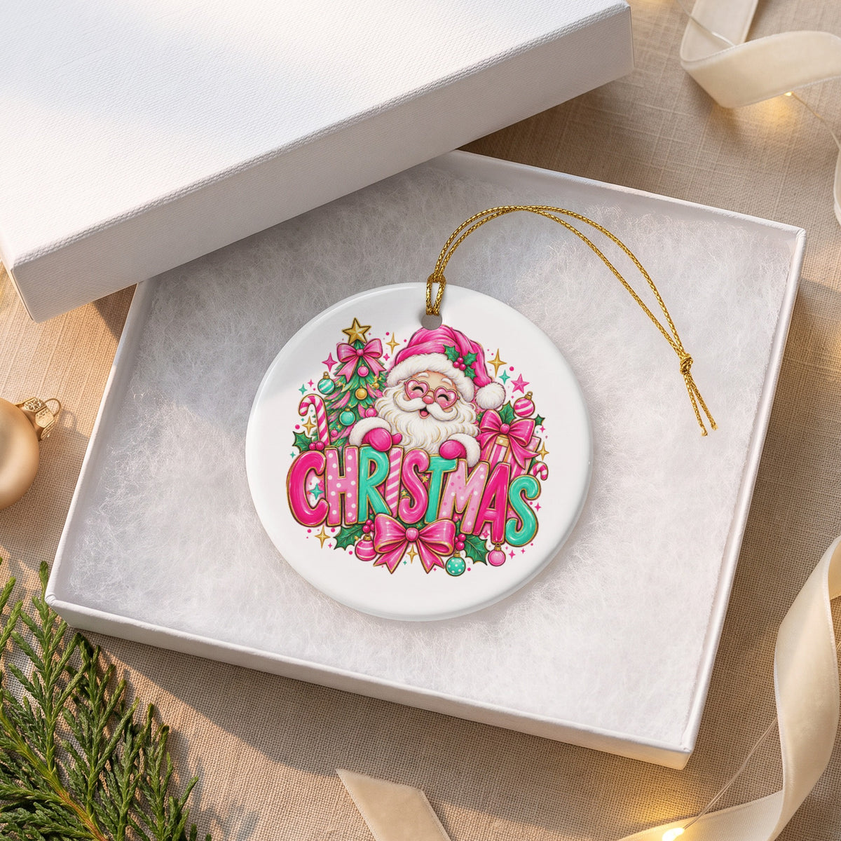 Round Christmas ornament featuring Santa, trees, and the word "Christmas" in pink and teal.