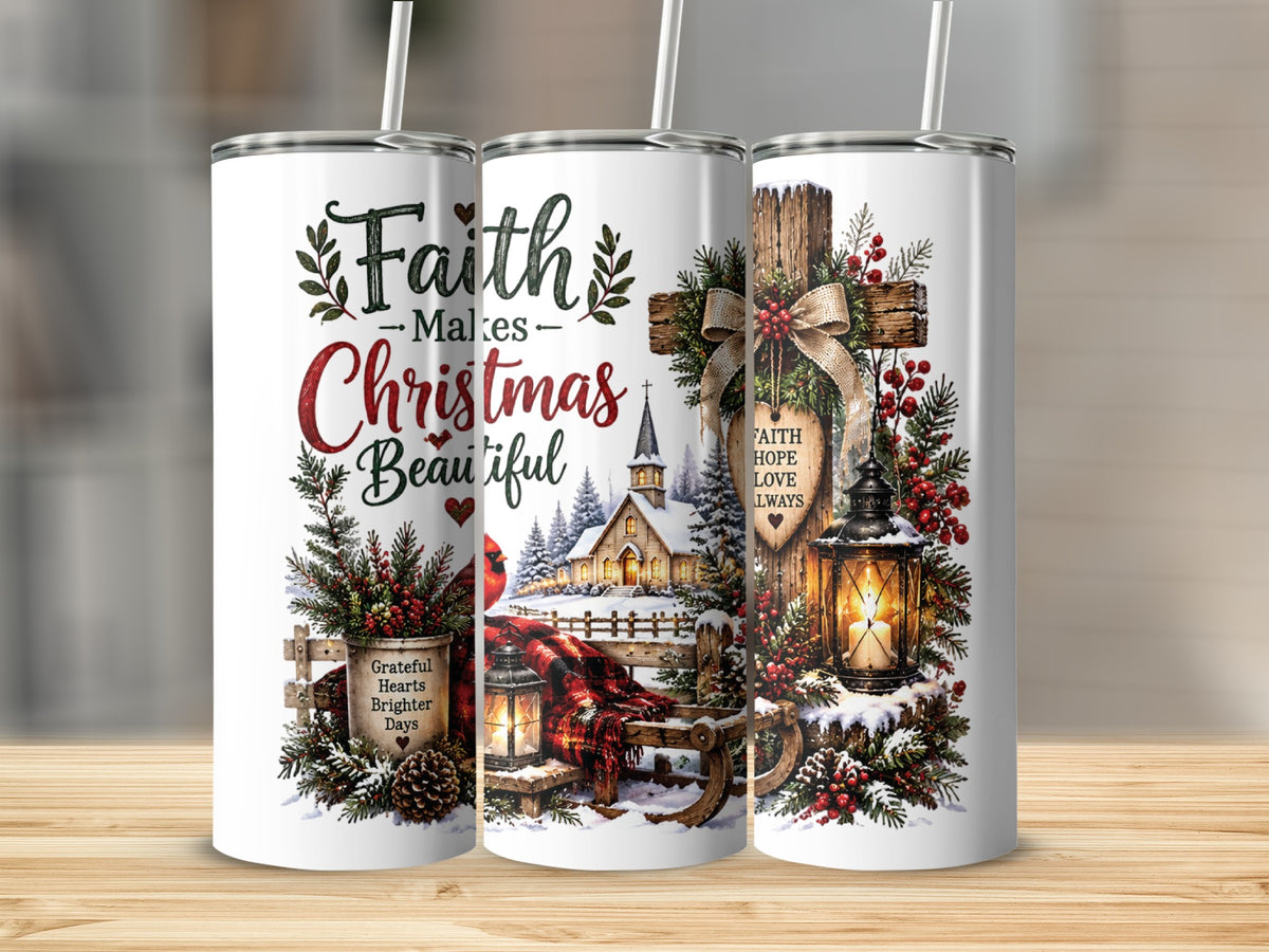Three white tumblers with straws feature a Christmas theme, including a wooden cross, church, and cardinal.