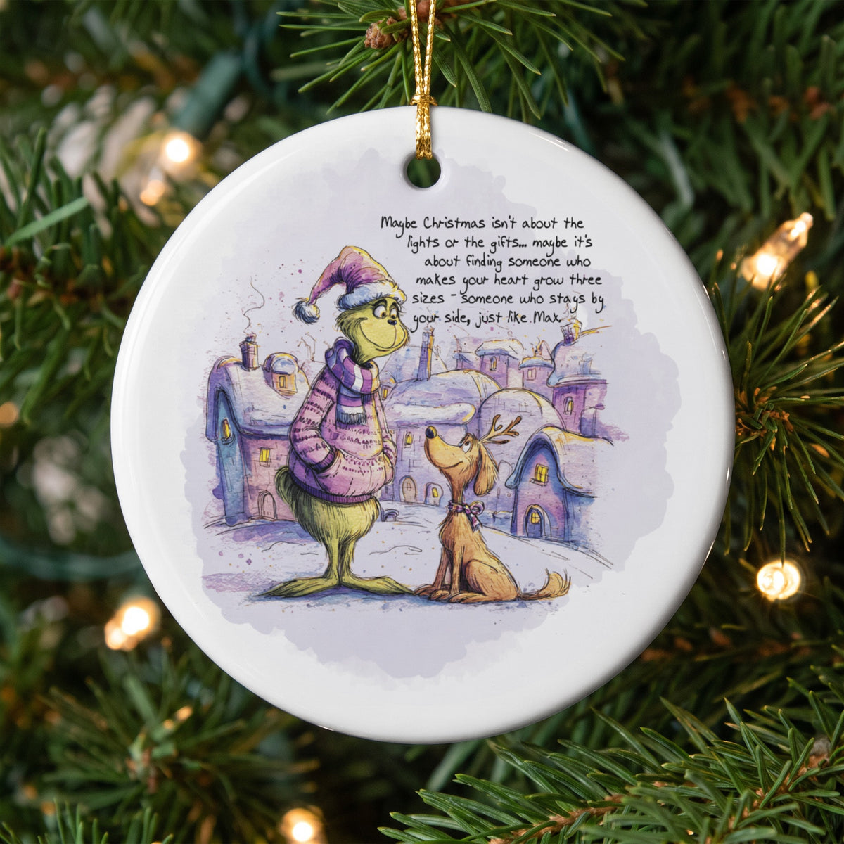 Grinch and Max ornament with text about friendship and Christmas.