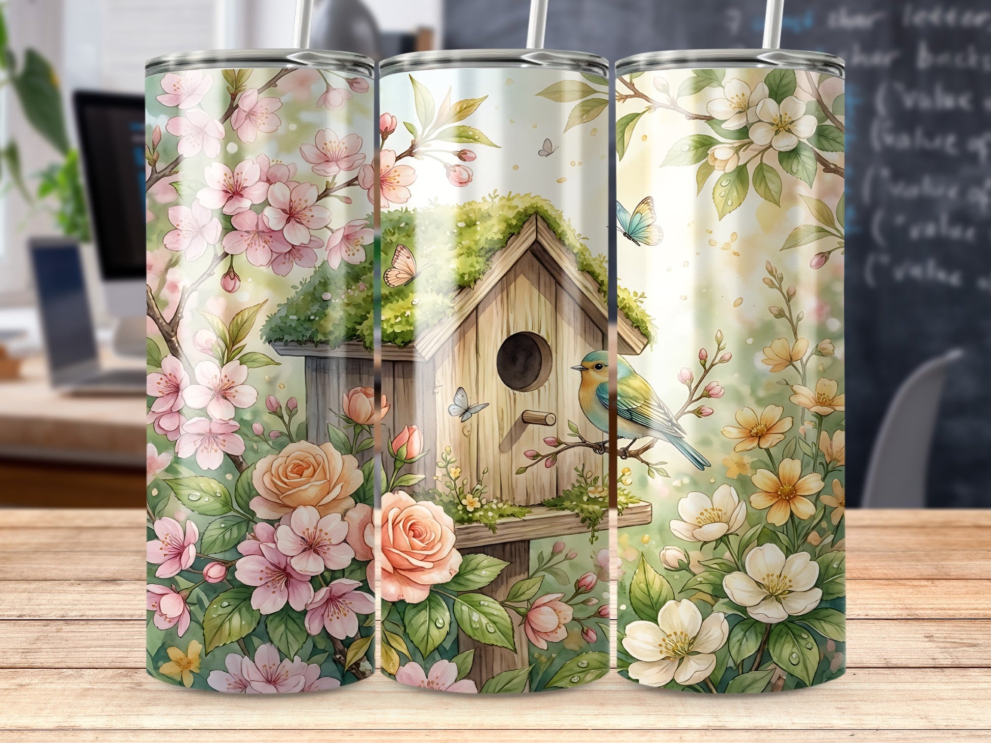 Birdhouse with cherry blossoms, roses, and a bird.