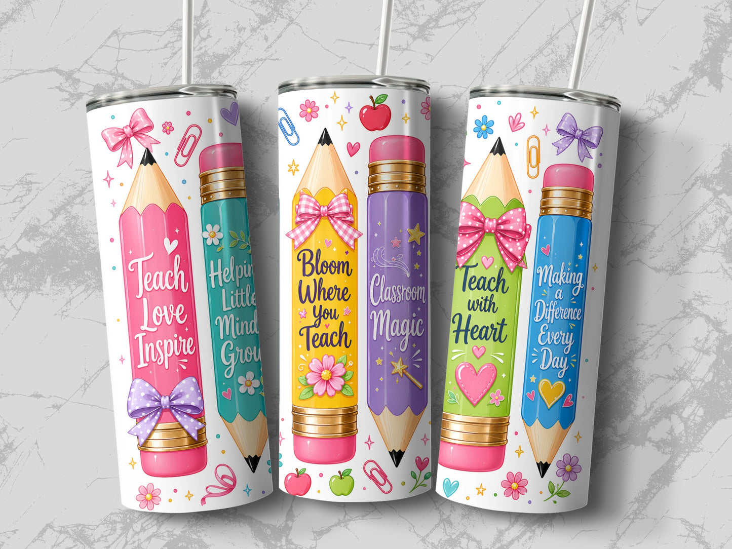 Four tumblers featuring pencil designs with inspirational teacher quotes.