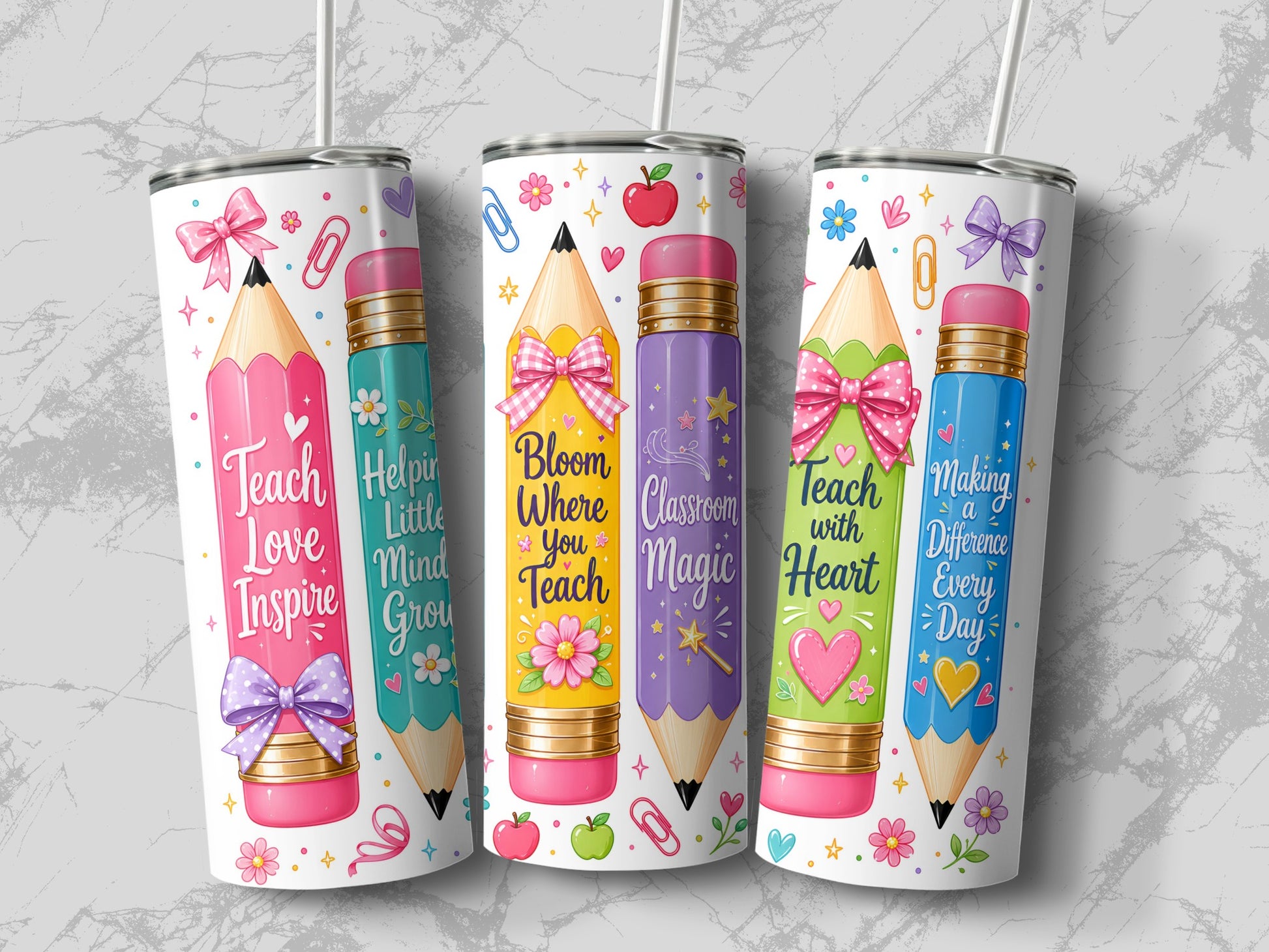 Four tumblers featuring pencil designs with inspirational teacher quotes.