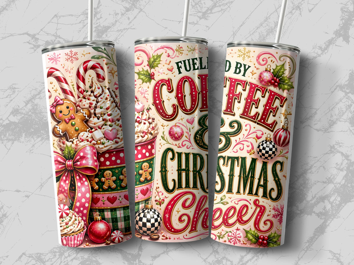 Three stainless steel tumblers with straws, featuring a festive Christmas design with gingerbread men, candy canes, and text.